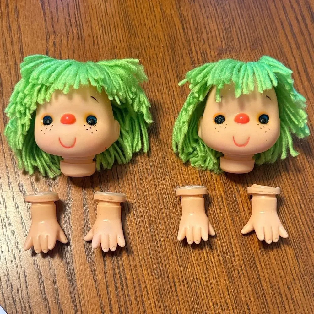 Vintage Mitzy Yarn Hair Freckled Doll Heads and Hands Set of Two New Old Stock